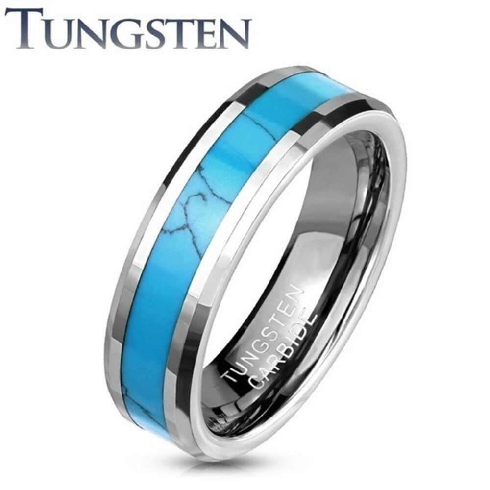 New Turquoise Inlay Center Beveled Edges Tungsten Carbide Ring. 6mm width size 8
